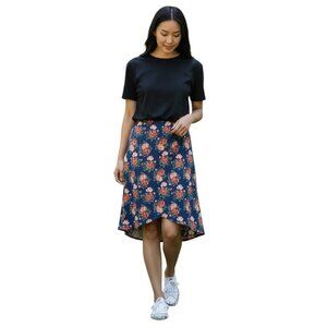 Angie Floral Rose Navy Blue Coral Tulip Hem Knee Length Skirt Pull On L NWT